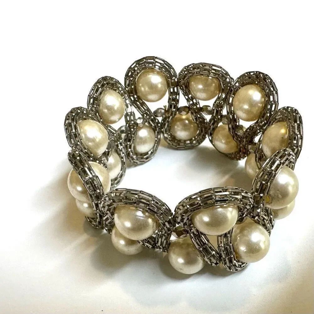 Silver tone faux pearl wide stretchy bracelet - Picture 6 of 9